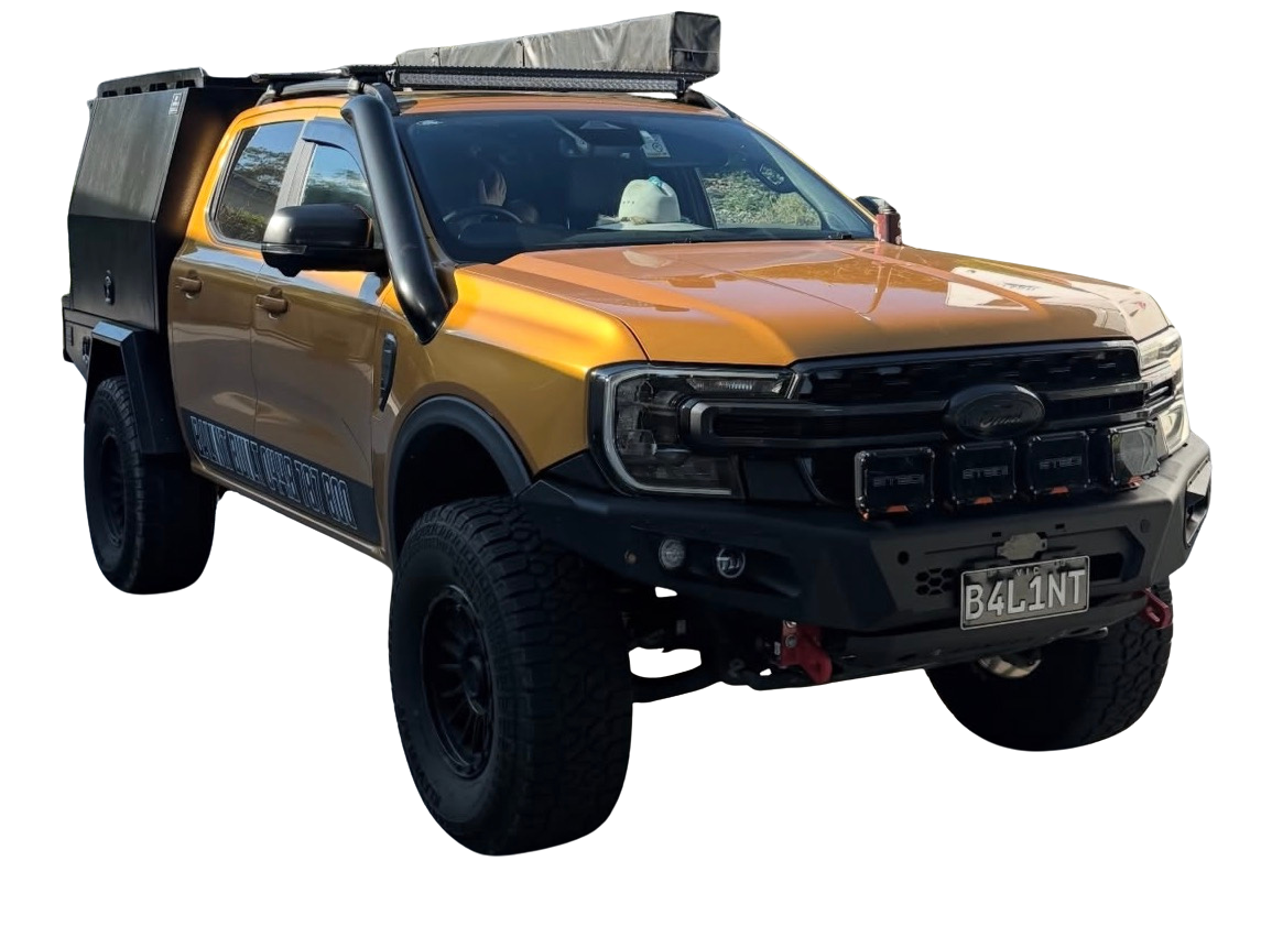 Ford Next-Gen Ranger with light bar and Canna Fabrication stainless snorkel — front three-quarter view
