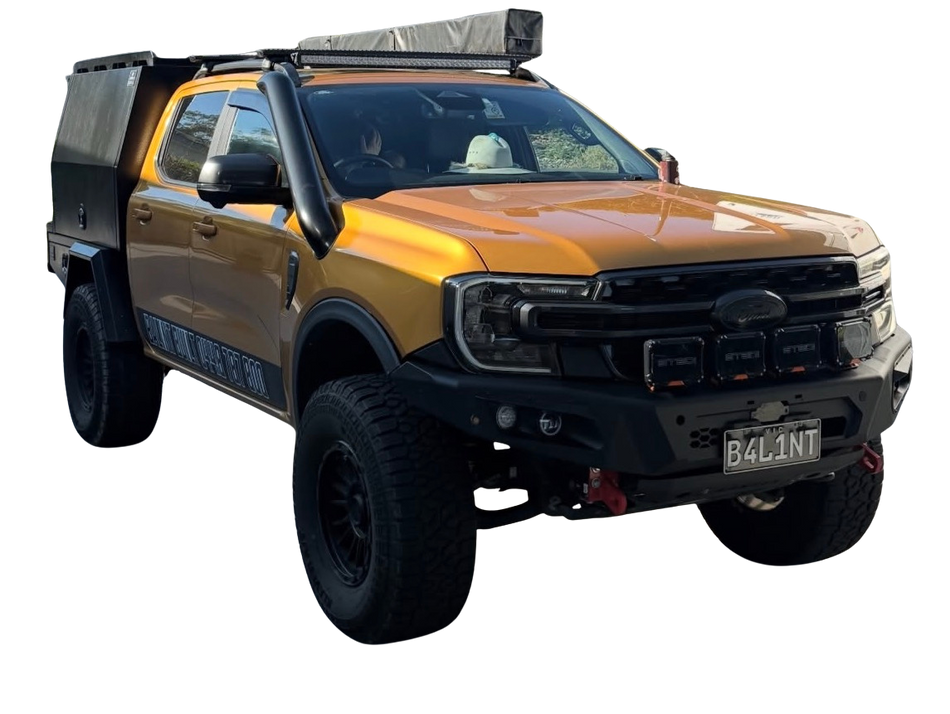 Ford Next-Gen Ranger with light bar and Canna Fabrication stainless snorkel — front three-quarter view