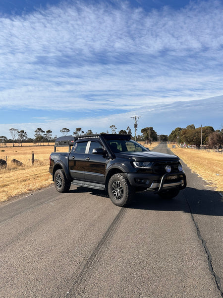 Black Ford Ranger Raptor PX3 with Canna Fabrication stainless twin snorkels - rear three-quarter