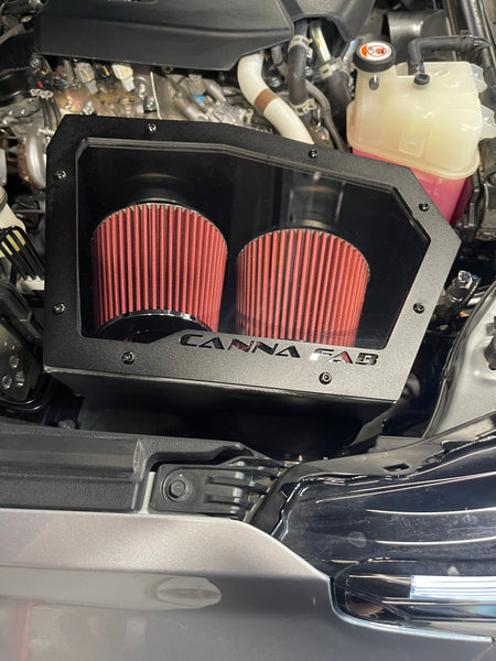 Canna Fabrication twin pod filter airbox installed in a Toyota Hilux N90 engine bay