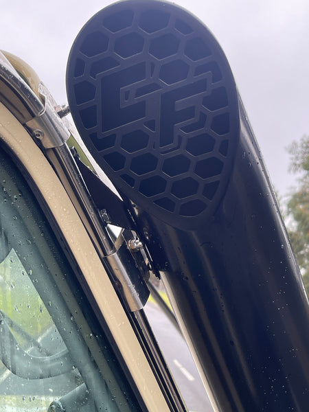 CF-branded snorkel head close-up — Canna Fabrication 5 inch twin snorkels on a LandCruiser 70 Series