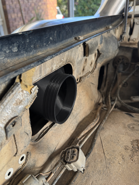 Canna Fabrication 80 Series snorkel 4-inch aftermarket airbox outlet adapter through the inner guard