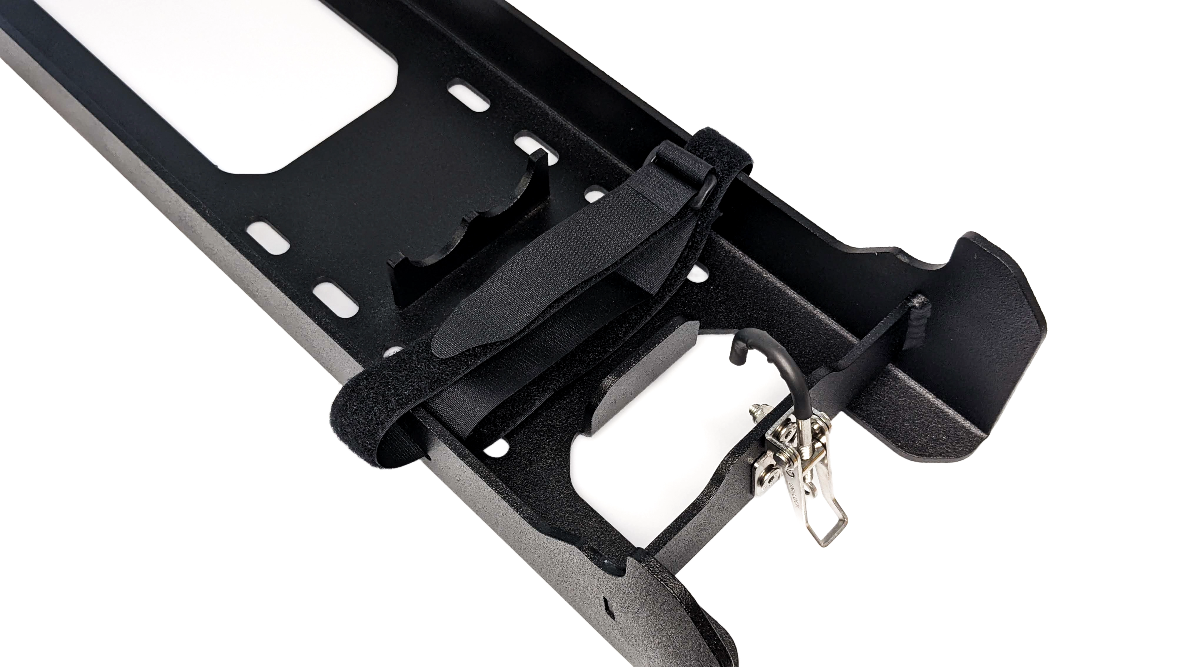 Close up of lock and strap mechanism on mounting bracket for Titan terrain jack 