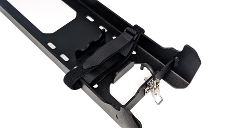 Close up of lock and strap mechanism on mounting bracket for Titan terrain jack 