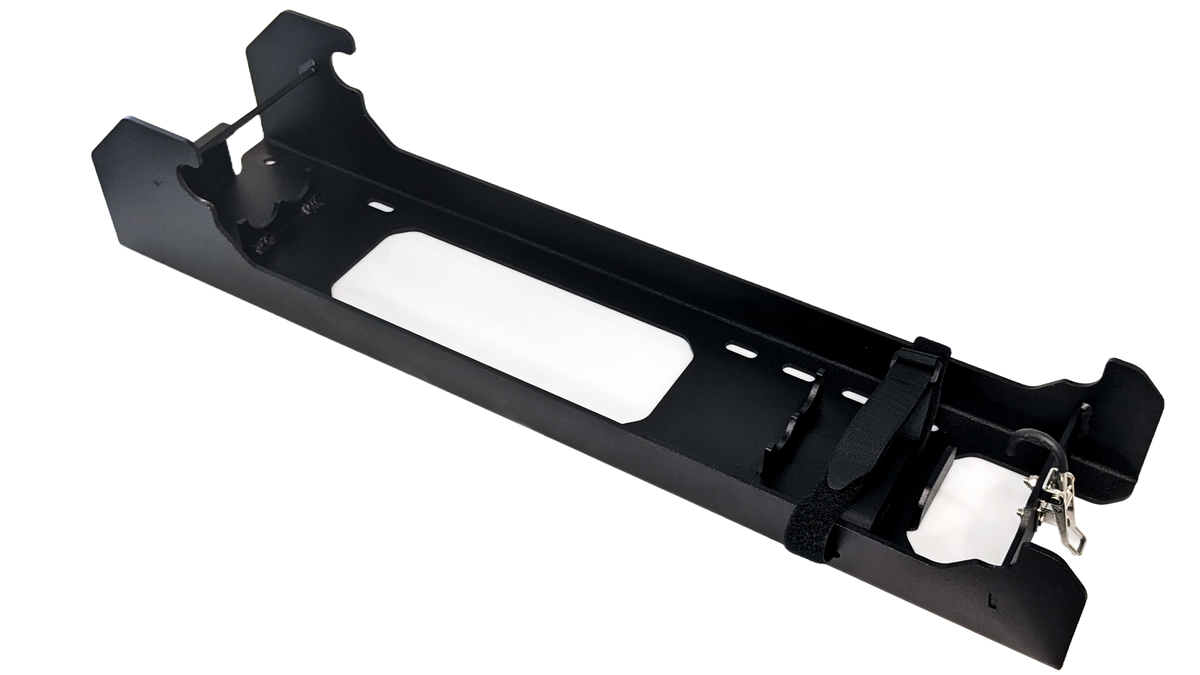 Black powder-coated metal mounting bracket for securing a car jack, featuring pre-drilled holes and in-built grooves for jack handle poles.