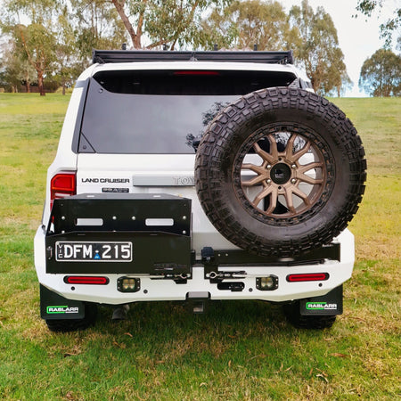 This is an image of the 250 Series Prado Toyota Landcruiser Rear Bar and Wheel Carrier setup by Raslarr Engineering Made in Australia White Black HERO photo front on straight image