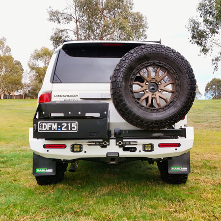 This is an image of the 250 Series Prado Toyota Landcruiser Rear Bar and Wheel Carrier setup by Raslarr Engineering Made in Australia White Black HERO photo front on