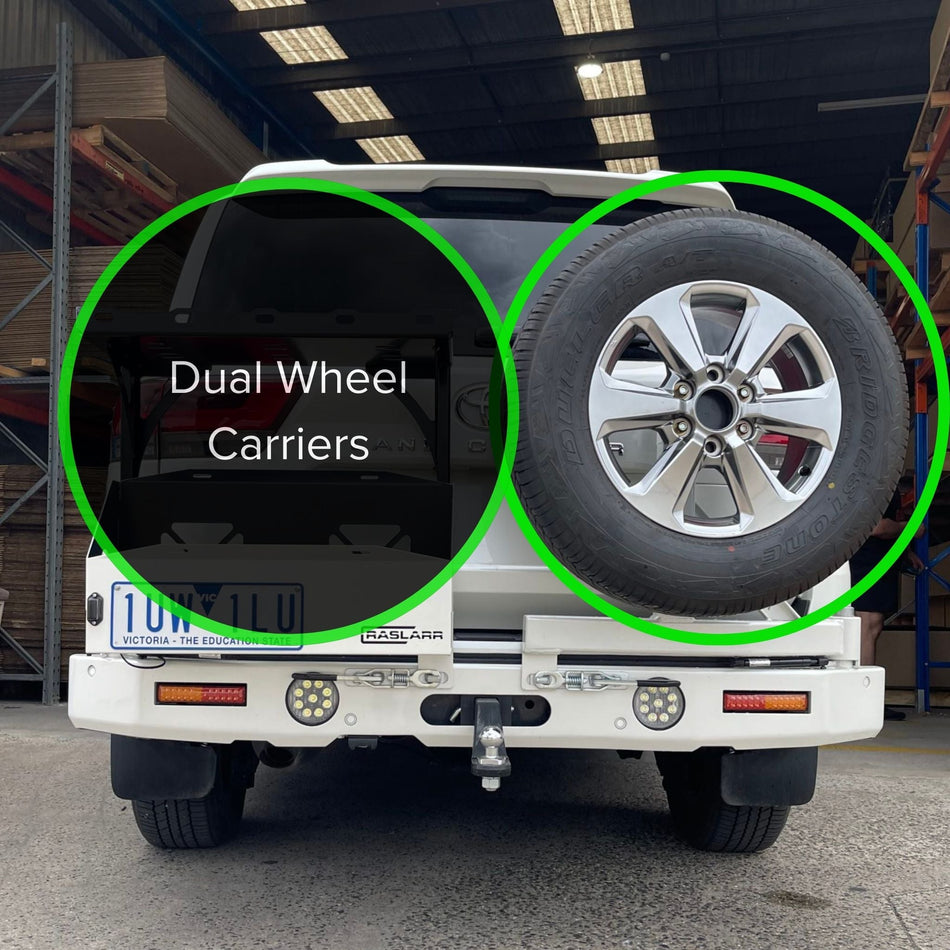Toyota Landcruiser 300 series dual wheel carriers. Made in Australia. Raslarr ENgineering