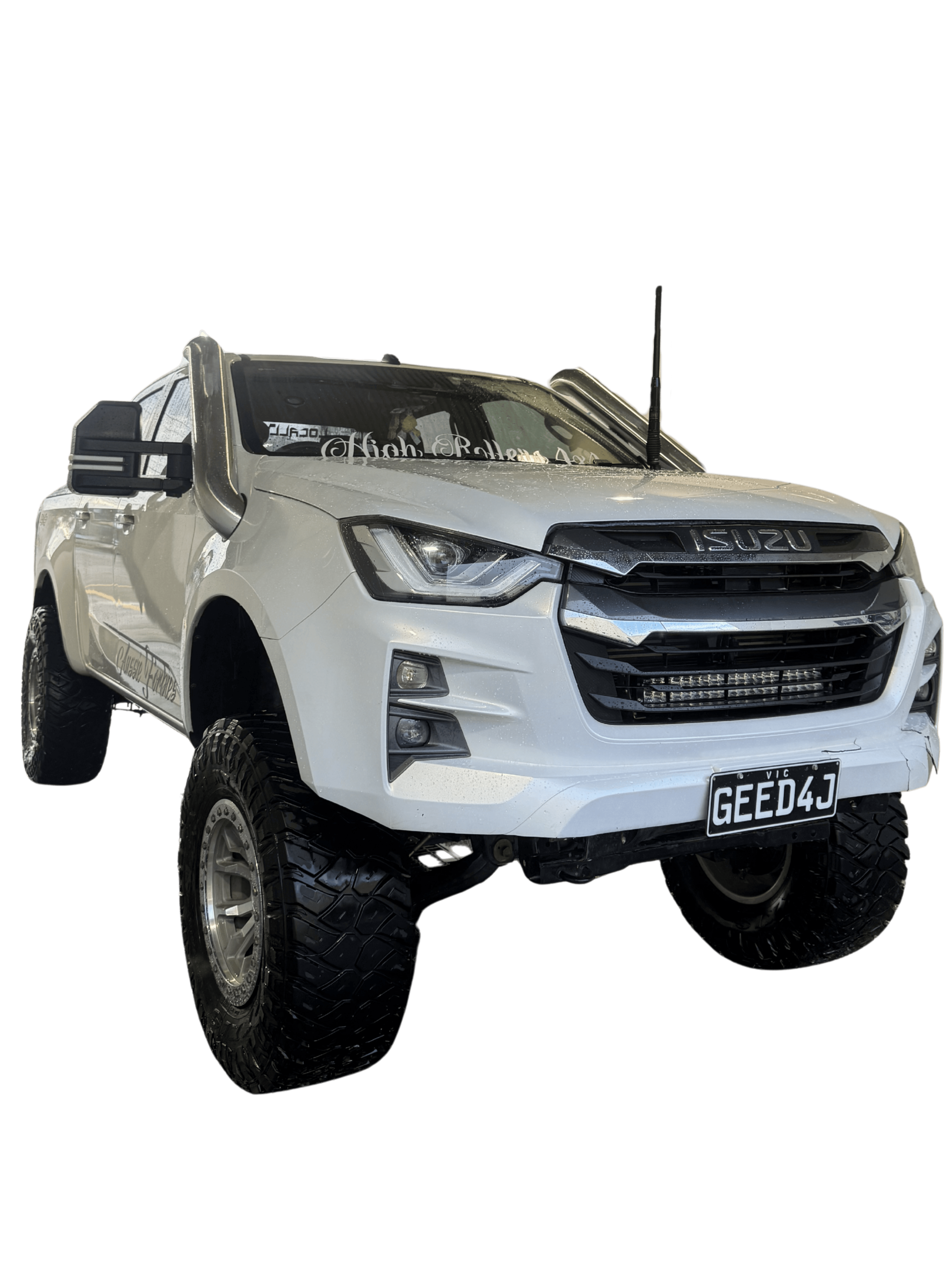 White Isuzu D-Max with sports bar and Canna Fabrication brushed-silver short-entry snorkel — front three-quarter studio view