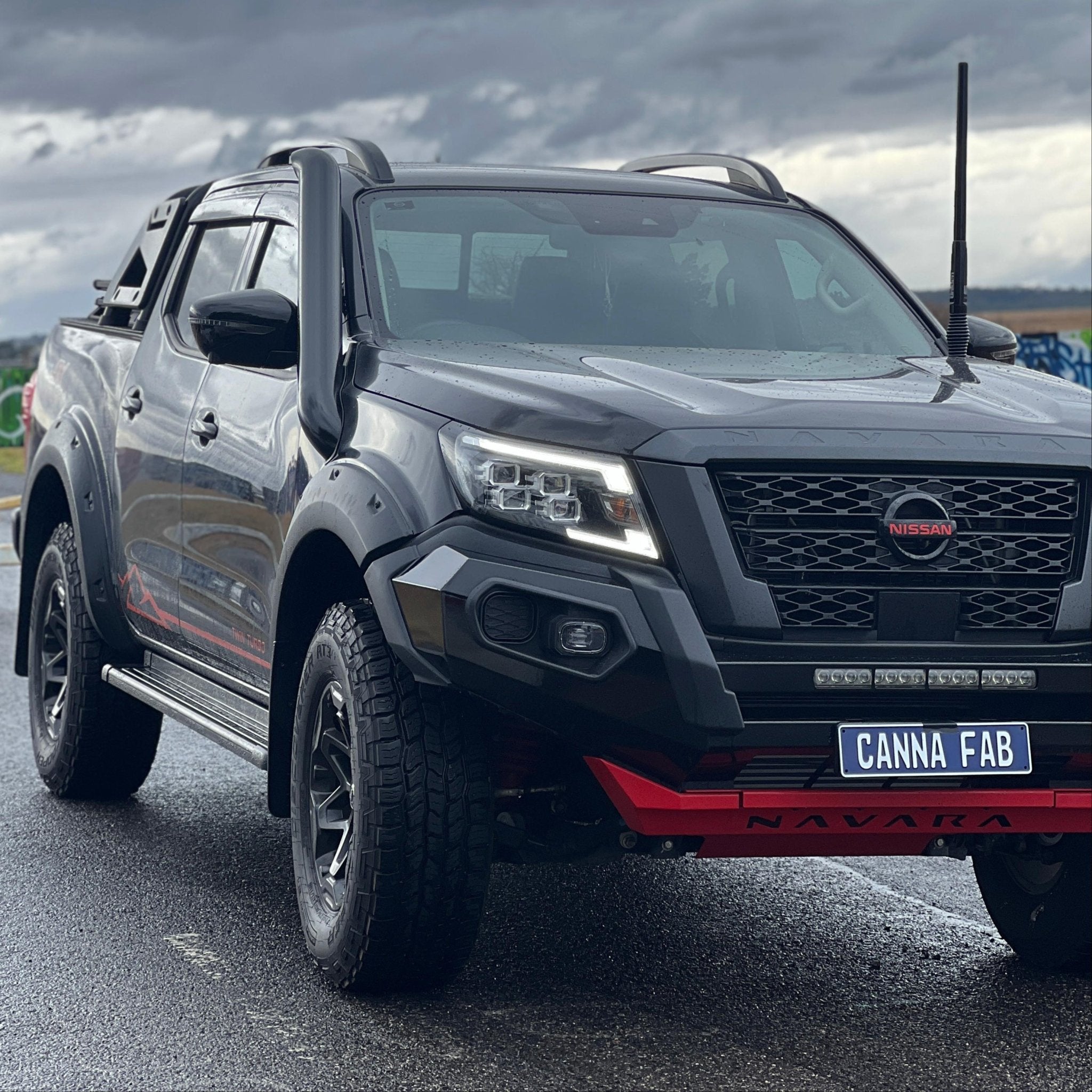 Nissan Navara NP300 D23 Short-Entry Stainless Snorkel by Canna Fabrication — brushed silver