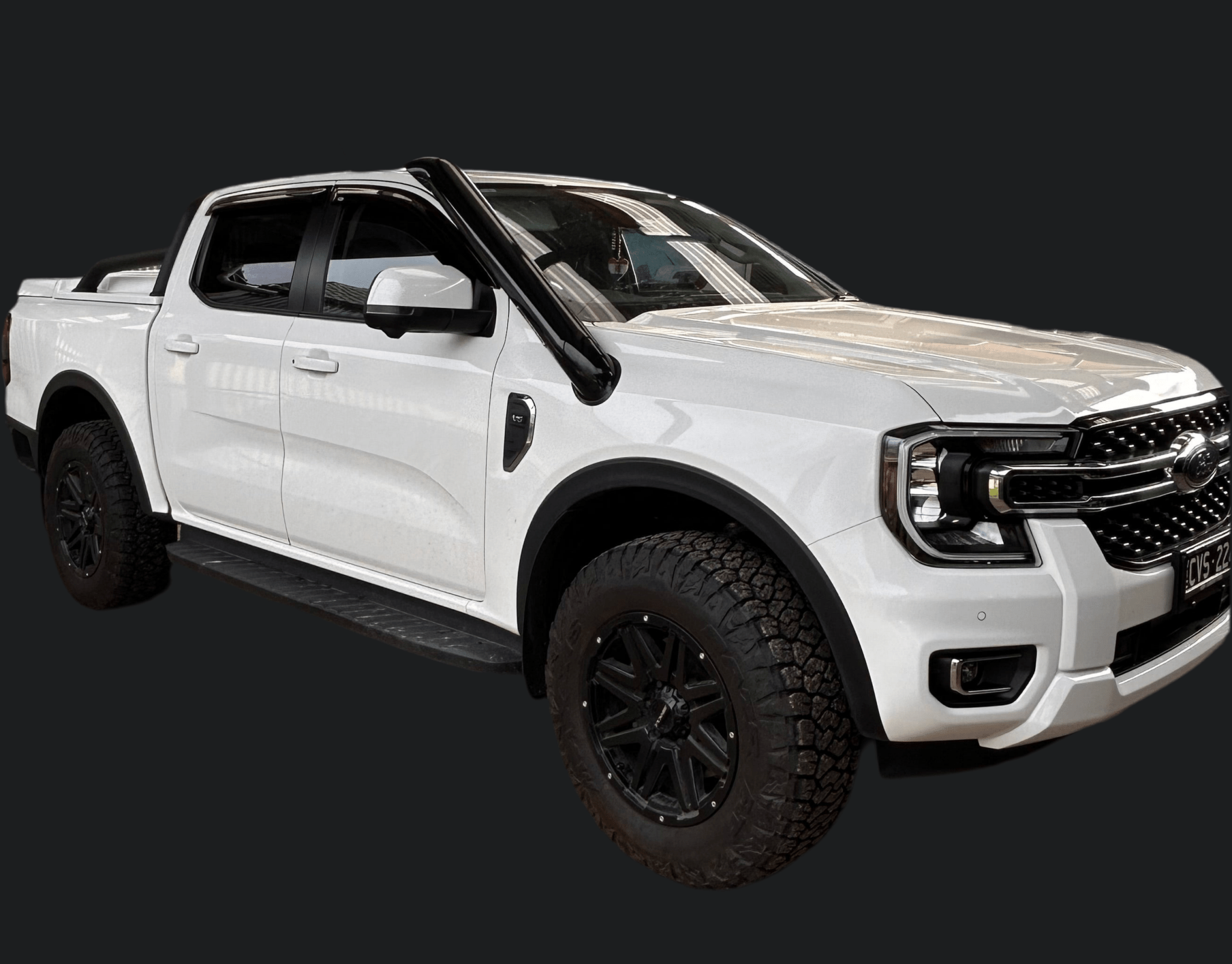 White Ford Next-Gen Ranger with sports bar and Canna Fabrication brushed-silver stainless snorkel — studio side view