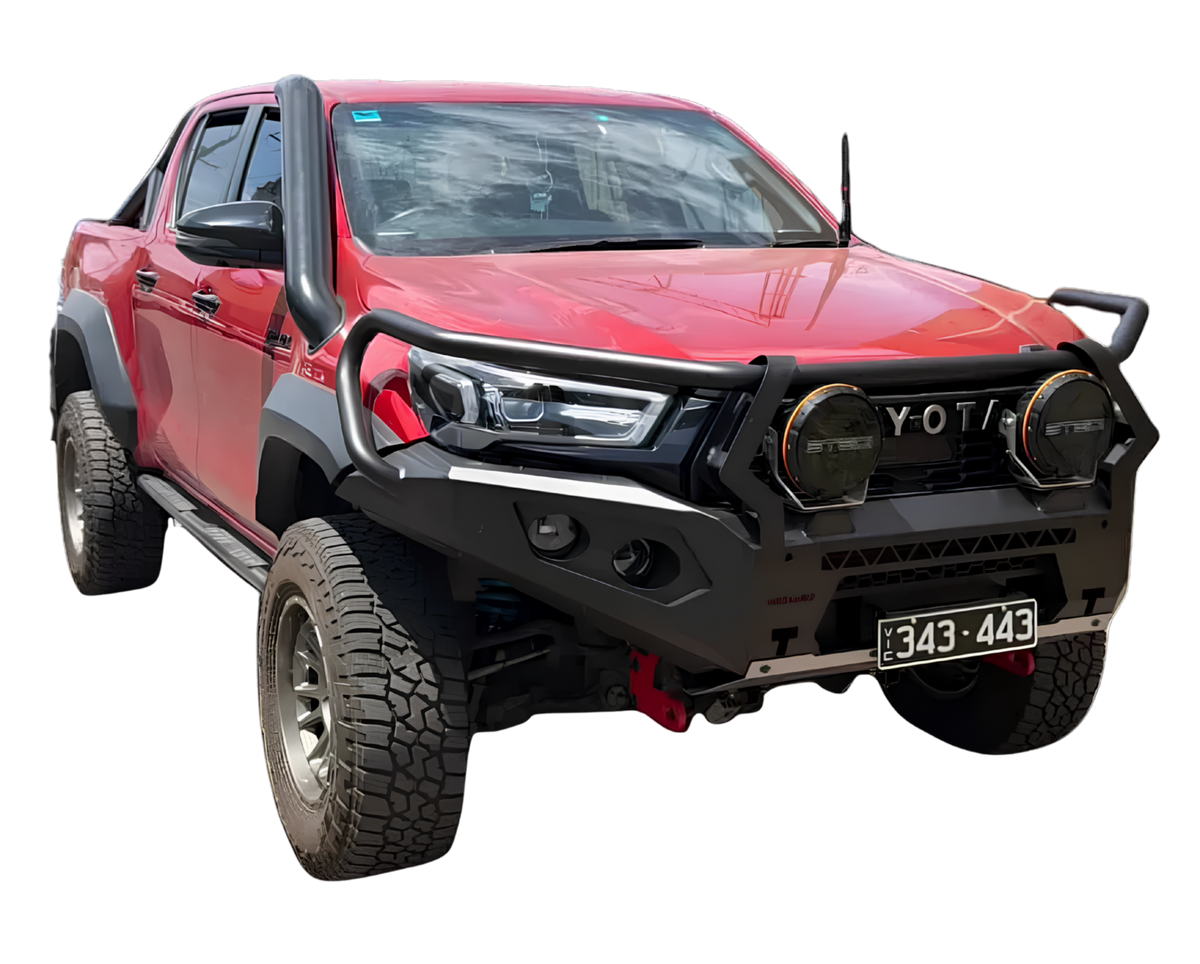 Red Toyota Hilux N80 with Canna Fabrication short-entry stainless snorkel — front view