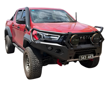 Red Toyota Hilux N80 with Canna Fabrication short-entry stainless snorkel — front view