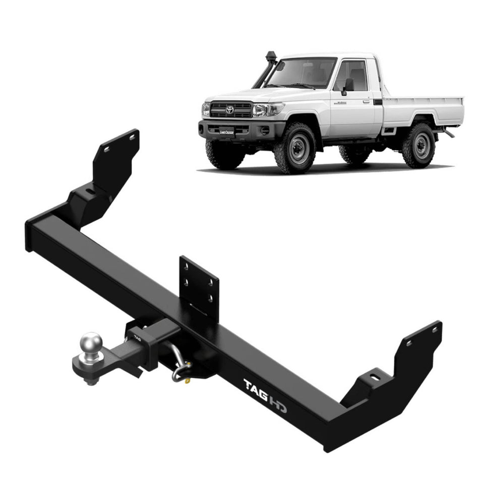 TAG Heavy Duty Towbar & Direct Fit Wiring for Toyota Landcruiser 75 Series / 79 Series. Single Cab models only 1985-07/2012.